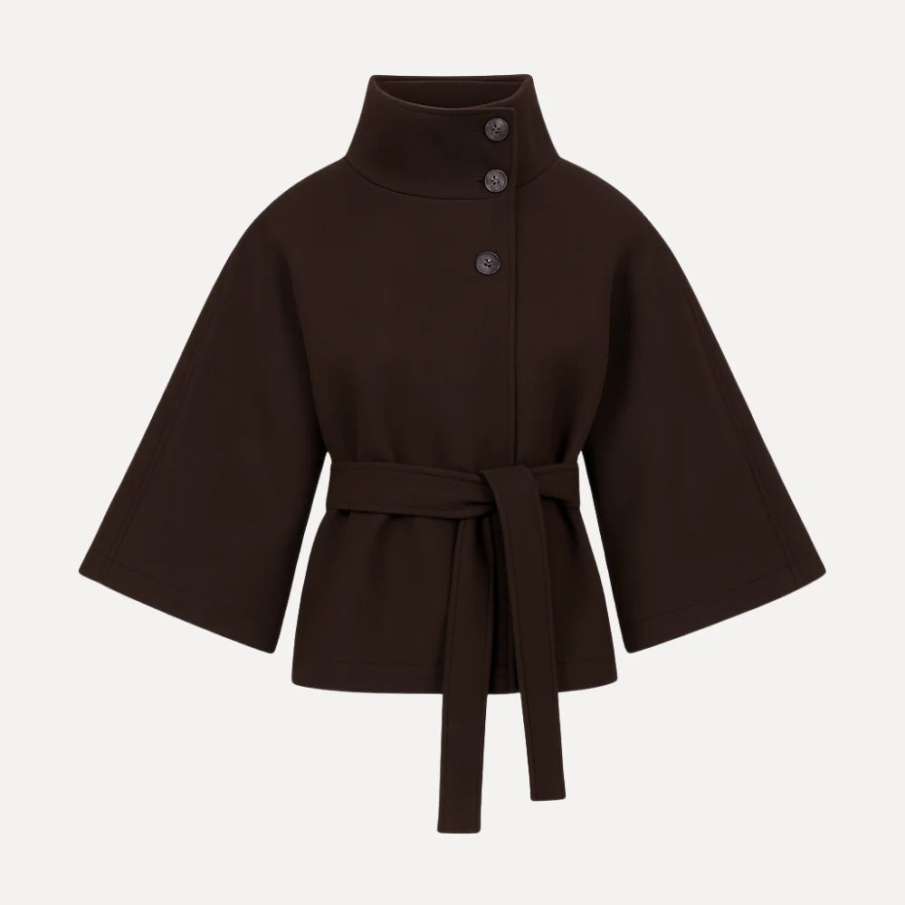 Model wearing the Kouvr Fashion Jannah belted wool cape in espresso brown, featuring a funnel neck and wide waist tie