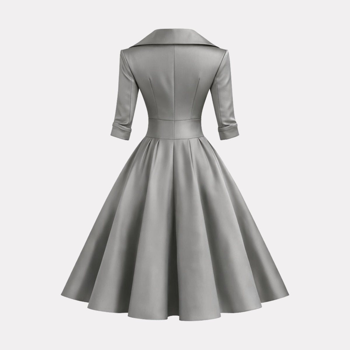 Back view flat lay of the Kouvr Fashion Jenner grey satin midi dress showing the three-quarter sleeves and A-line skirt.