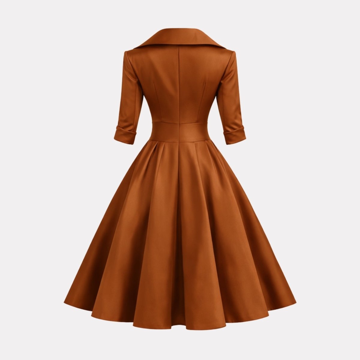 Product-only image of the back of the Kouvr Fashion jenner brown shawl collar midi dress, detailing the back zipper and seam work.