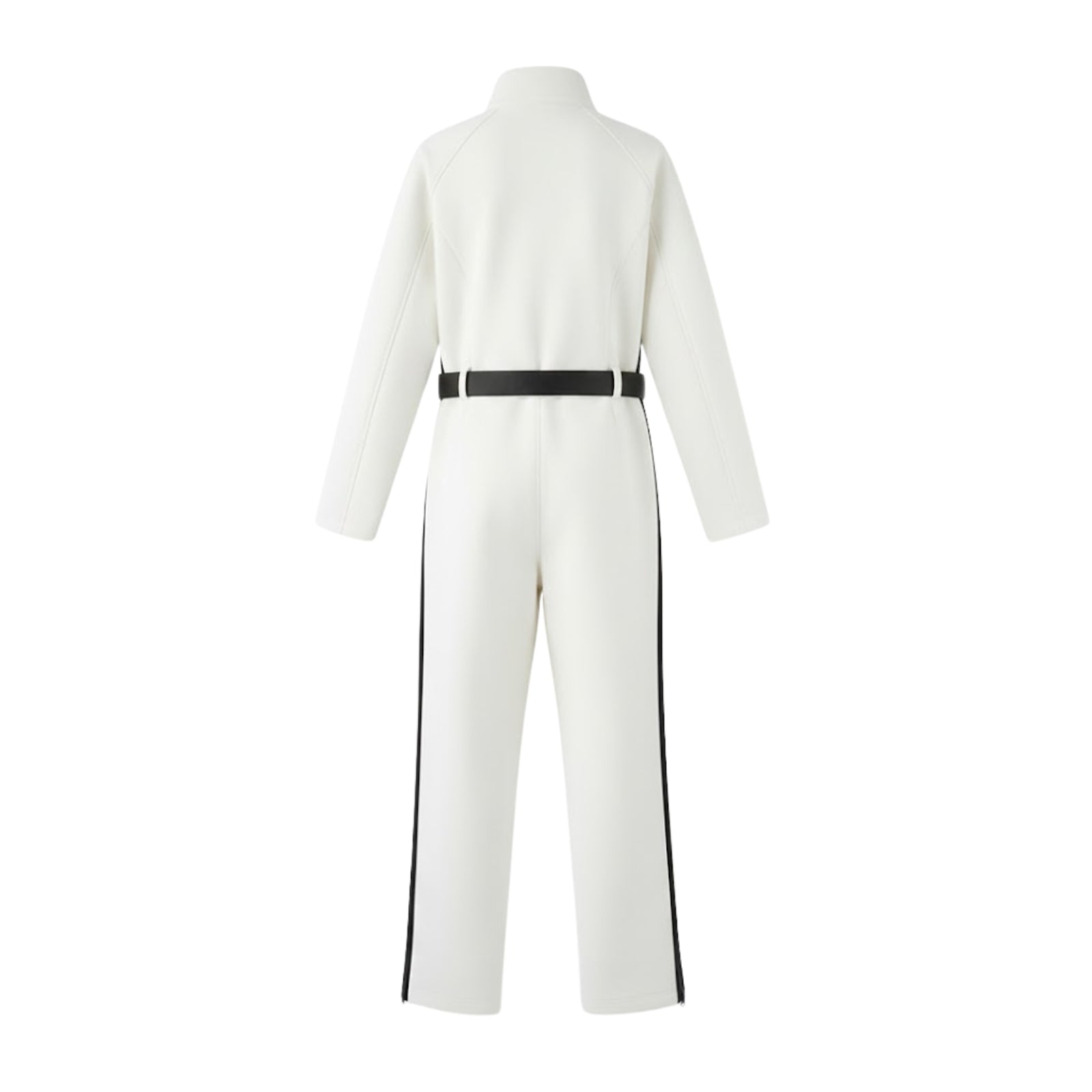Back view of the Kouvr Fashion Junnie white one-piece ski jumpsuit on a white background