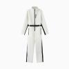 Front view of the Kouvr Fashion Junnie white one-piece ski jumpsuit on a white background.
