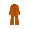 Flat lay of the two-piece kate orange women's suit by Kouvr Fashion, showing the single-breasted blazer and matching wide-leg trousers on a light background.