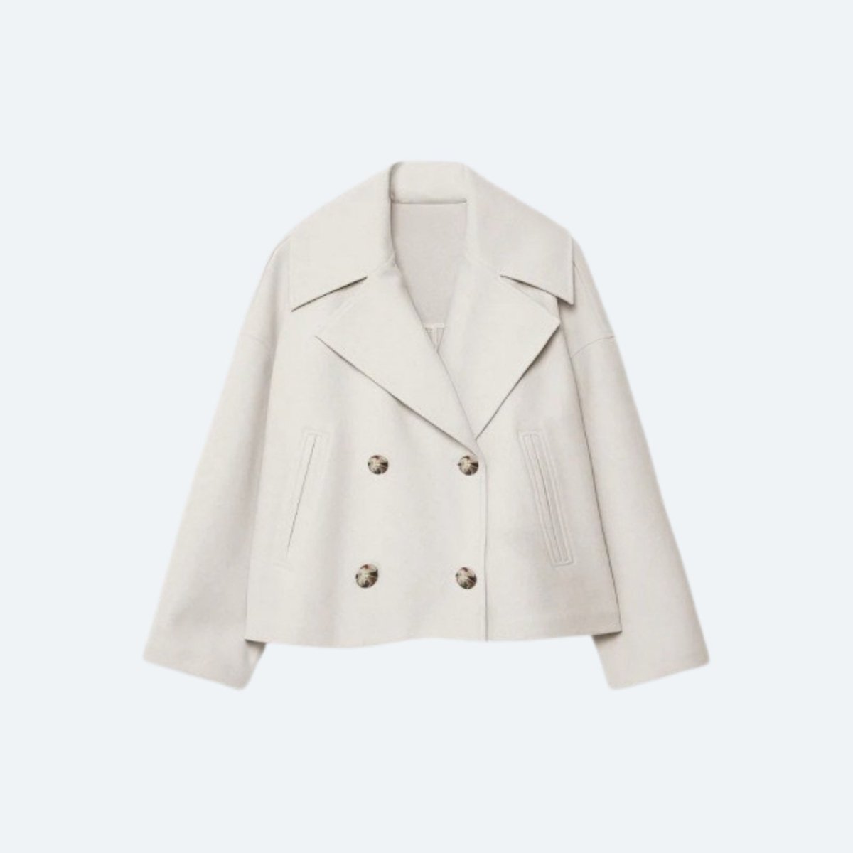 Product-only image of the Kouvr Fashion Katherine White pea coat, laid flat to display the wide lapels and contrasting tortoiseshell buttons.