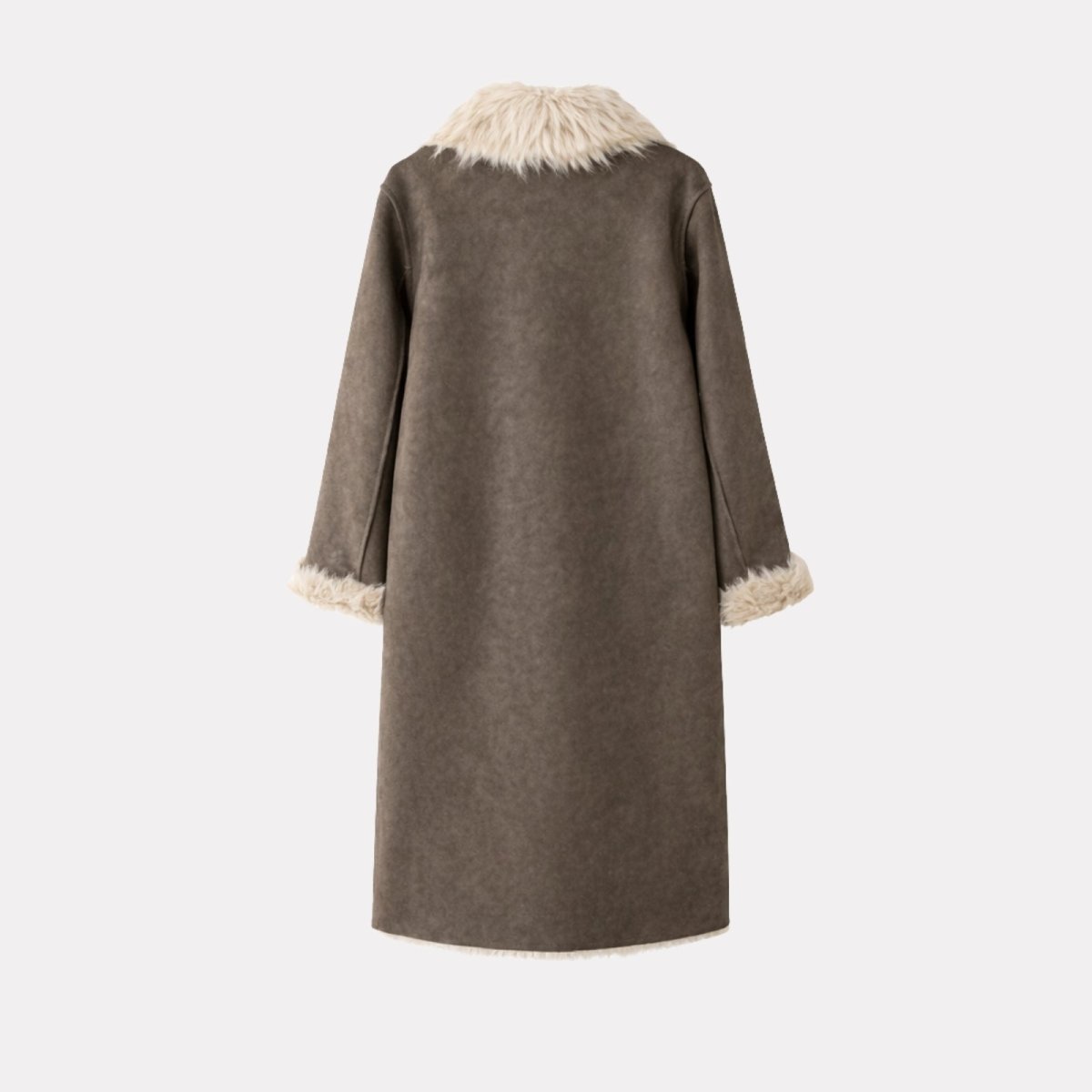 Flatlay of the back of a women's brown teddy coat showing the seam details and faux fur cuffs.