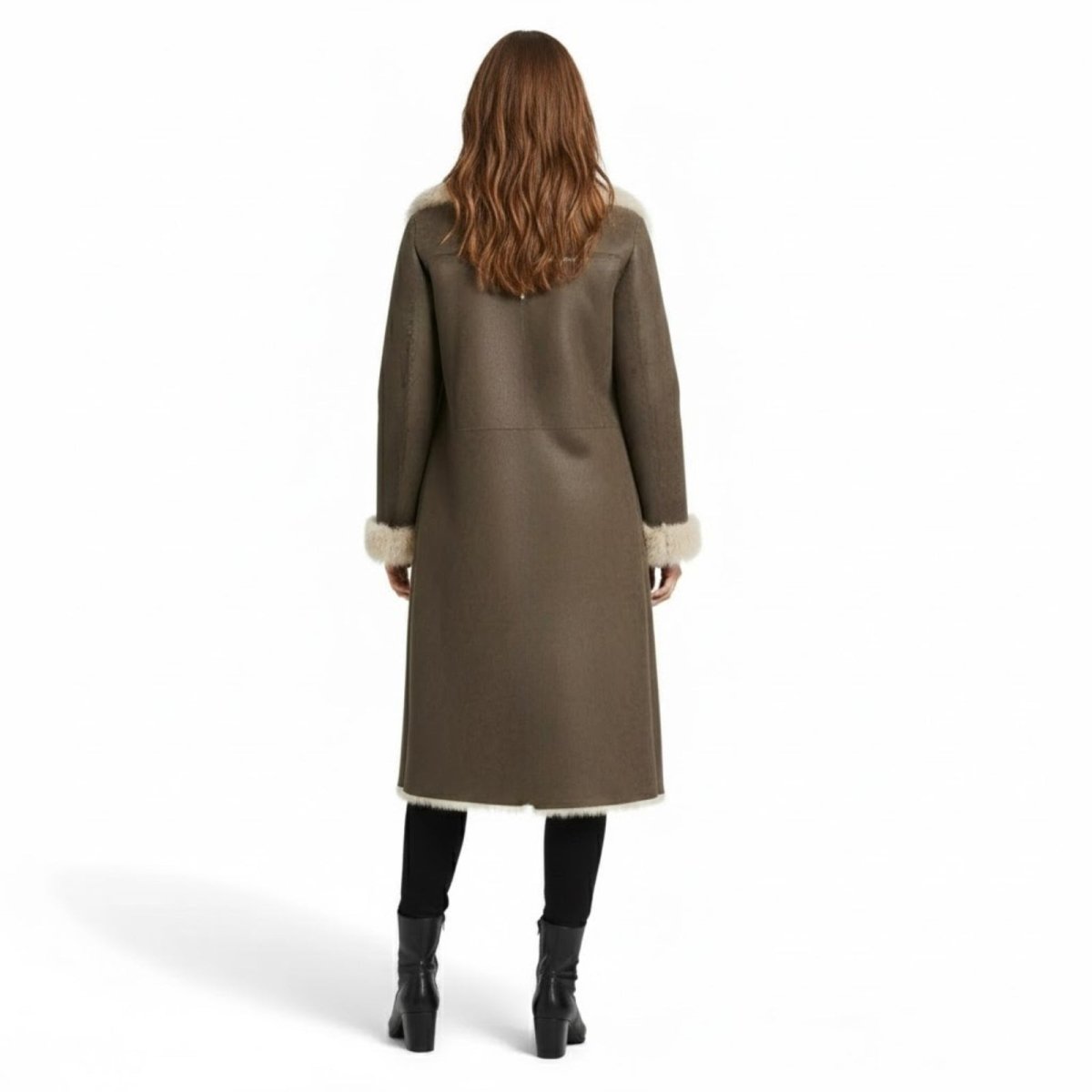 Back view of the Kouvr Fashion Krista maxi length faux fur trim winter coat for women.