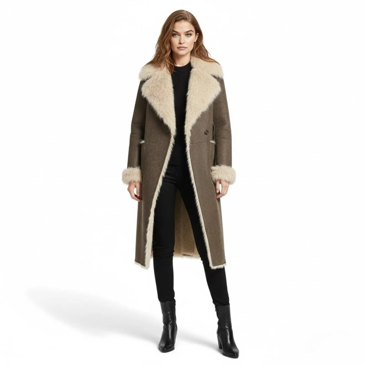 Model wearing a long olive brown faux shearling coat with cream fur trim from Kouvr Fashion, front view.