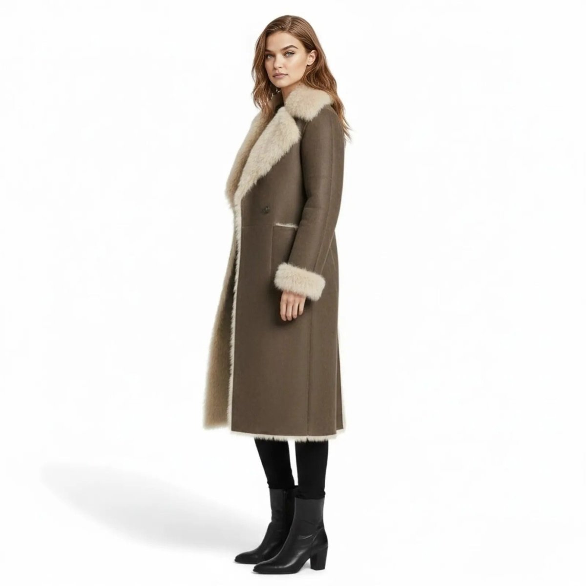 Side profile of a women's long winter shearling-style overcoat in brown showing its length and fit.