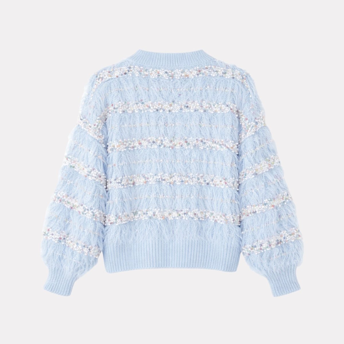 Flat lay product shot of the back of the Kouvr Fashion Kyra fuzzy knit cardigan, showcasing the full striped texture.