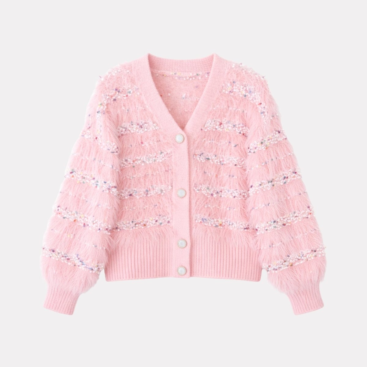 Flat lay product shot of the Kouvr Fashion pink sequin cardigan showing button and texture details.