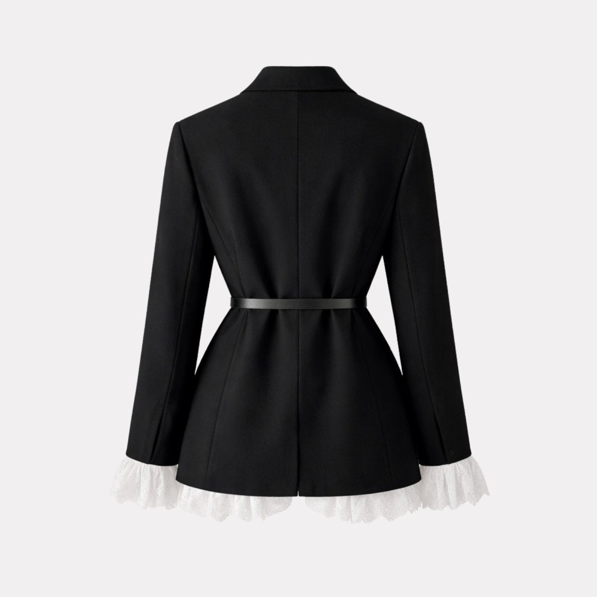 Flat lay back view of the Kouvr Fashion black blazer, displaying the garment's construction and belt detail.