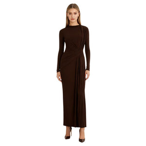 Draped Asymmetrical Long Sleeve Dress | Ruched Waist Tie-Back Bodycon Midi Gown | Luxury Formal Cocktail & Evening Wear Draped Asymmetrical Long Sleeve Dress | Ruched Waist Tie-Back Bodycon Midi Gown | Luxury Formal Cocktail & Evening Wear