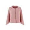 Flat lay of the Kouvr Fashion collarless jacket in pink, showing the textured fabric and open-front design.