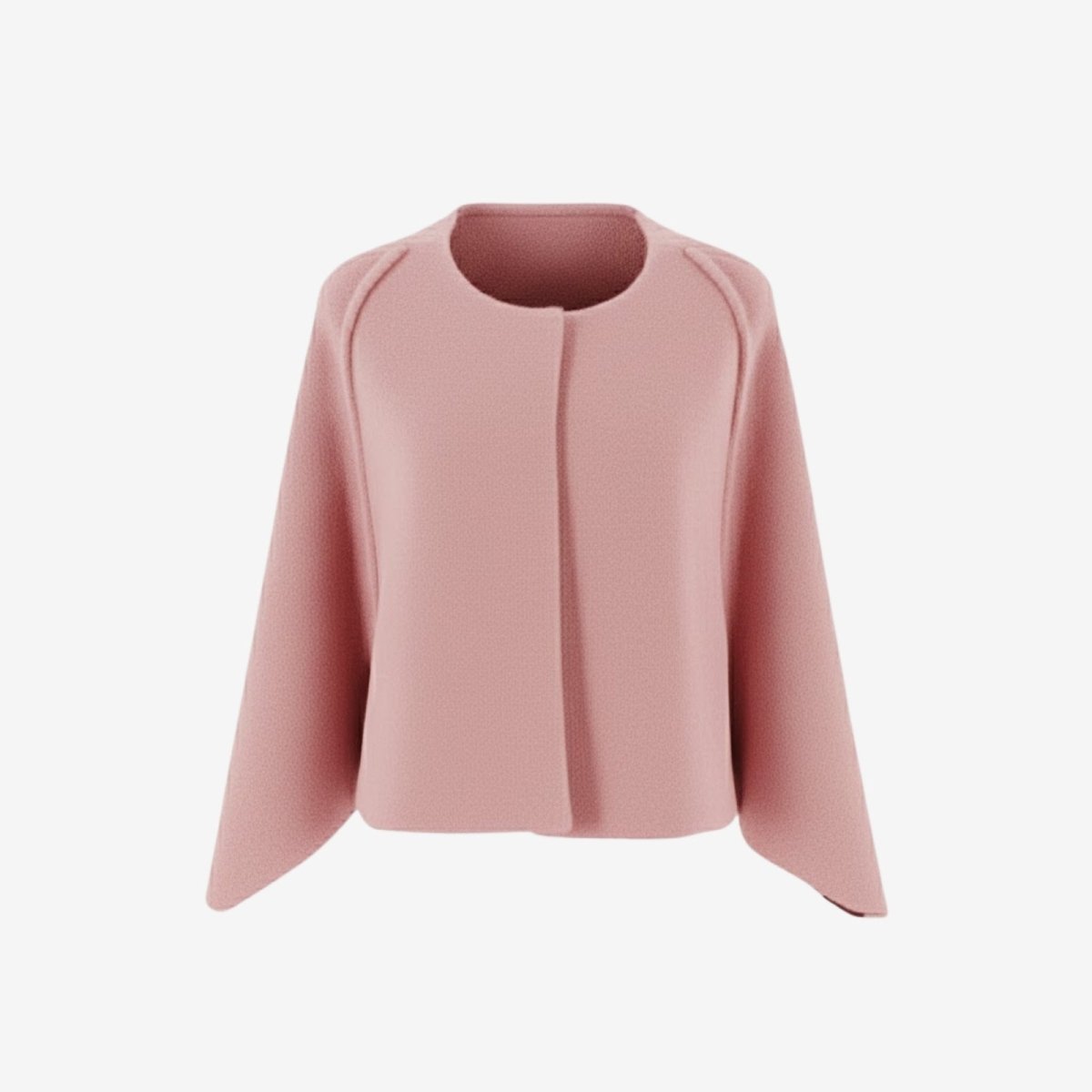 Flat lay of the Kouvr Fashion collarless jacket in pink, showing the textured fabric and open-front design.
