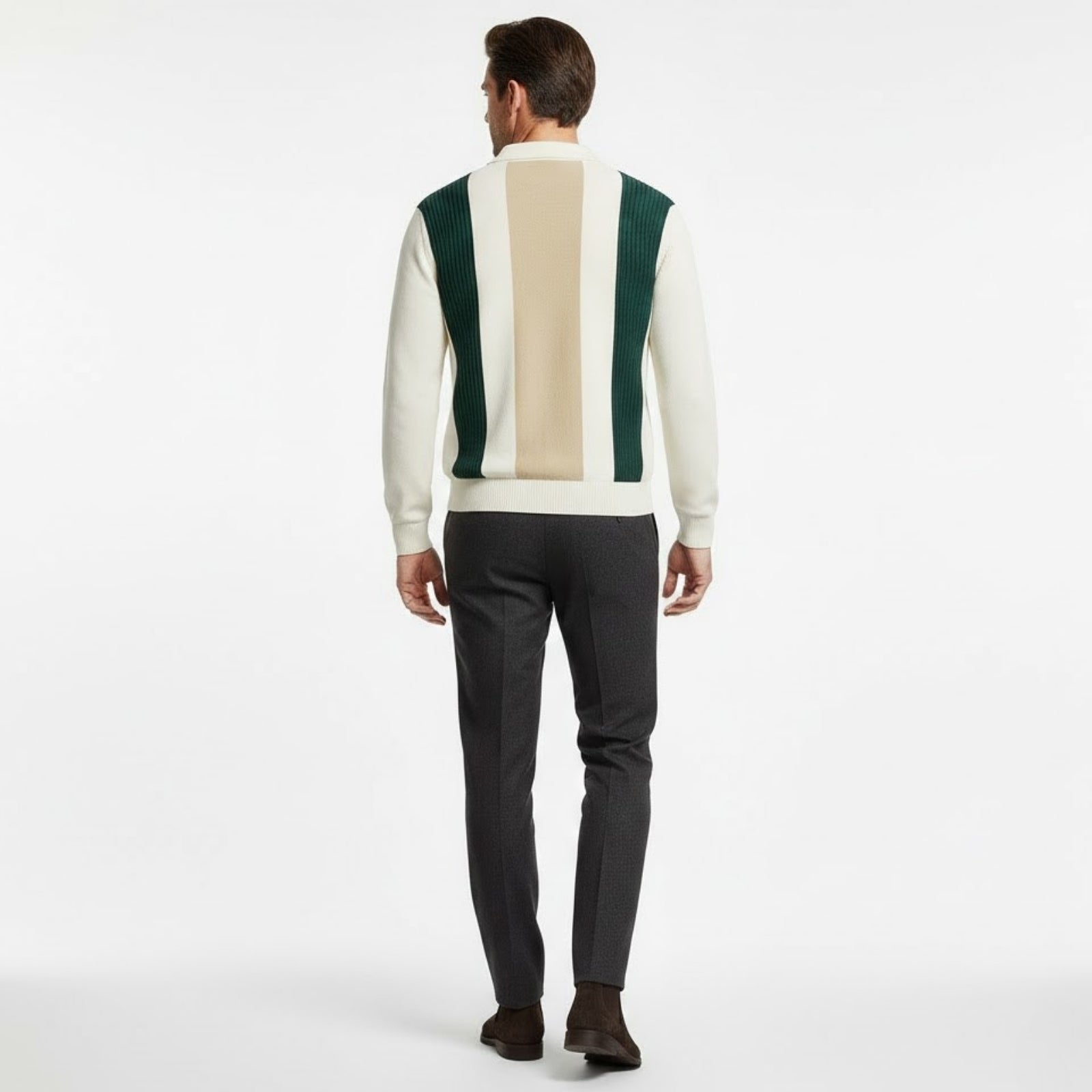 Back view of the Kouvr Fashion Leandro white, green, and beige striped polo sweater, displaying the continuous stripe pattern.
