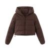 Brown Kouvr puffer jacket with a hood on a plain background