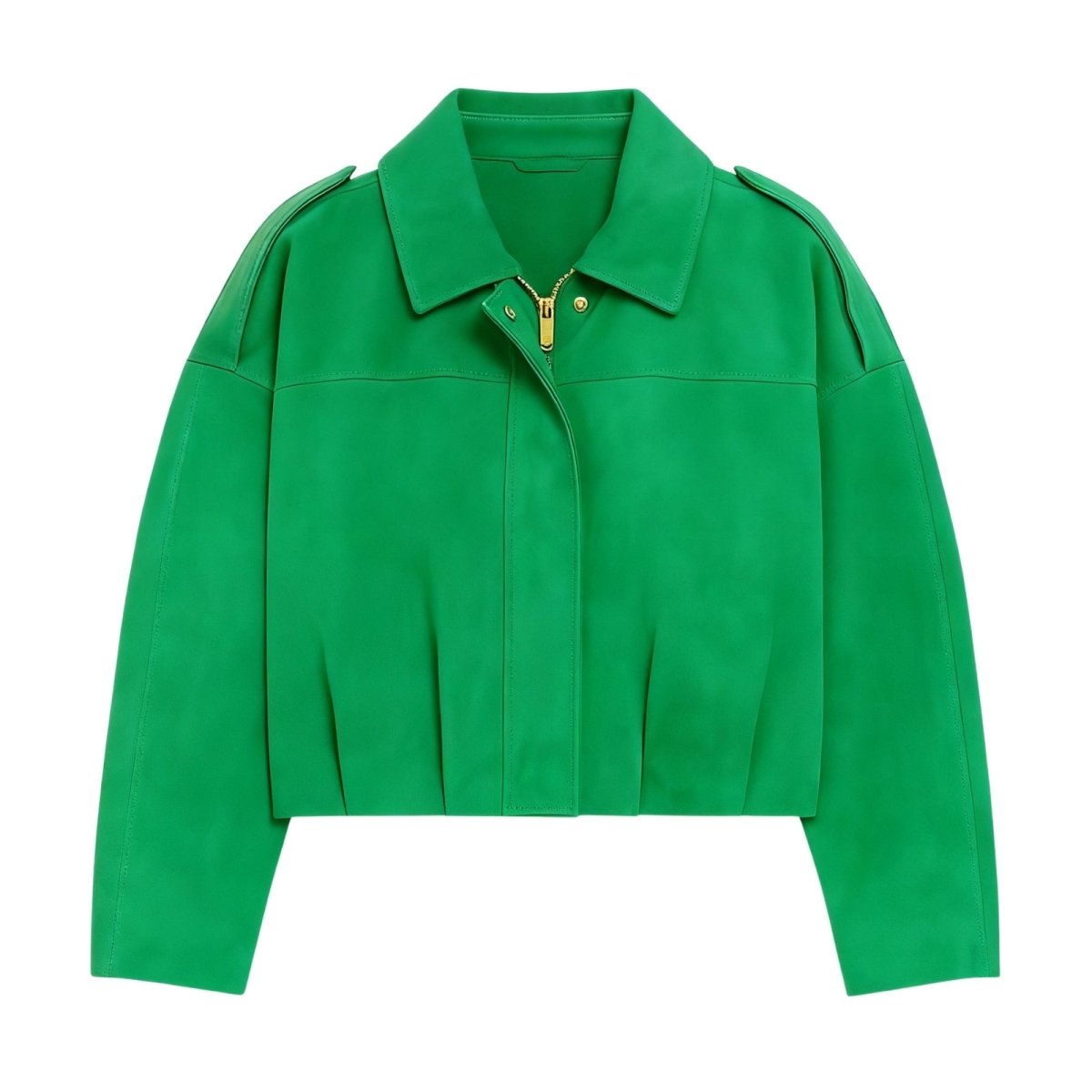 Flat lay of the Kouvr Fashion Leilani green suede jacket showing the gold zipper and collar detail.