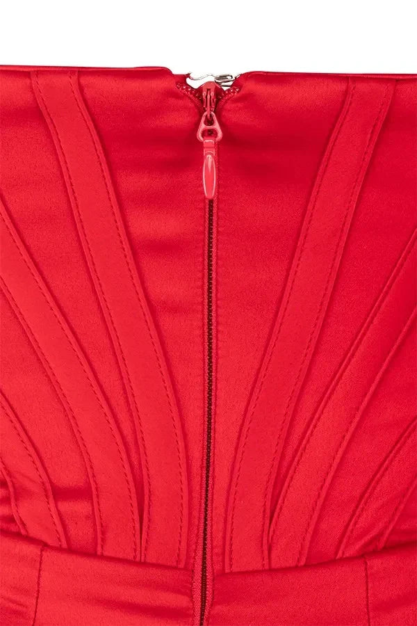 Bardot dress', 'bustier gown', 'crimson satin', 'scarlet cocktail dress