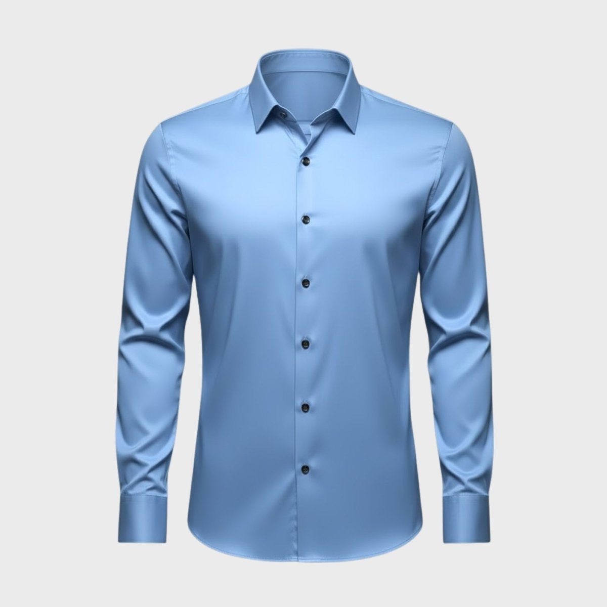Front view of the Kouvr Fashion long-sleeve men's dress shirt in light blue with dark buttons, laid flat on a light grey background.