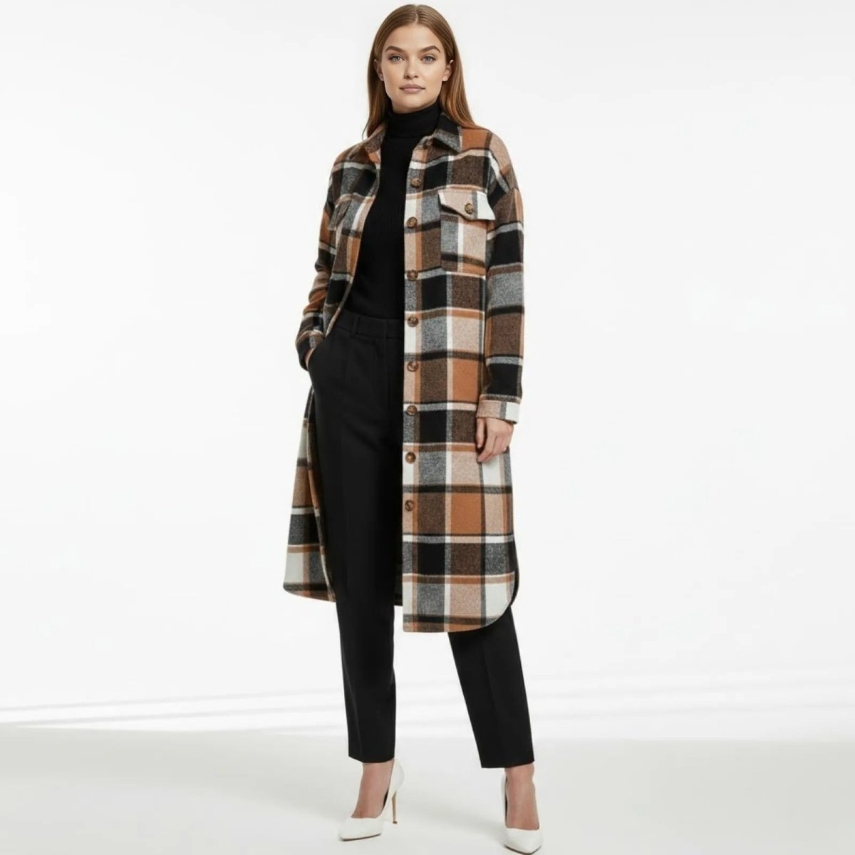 Long Plaid Shacket Womens Oversized Wool Blend Shirt Jacket Coat Khaki ...