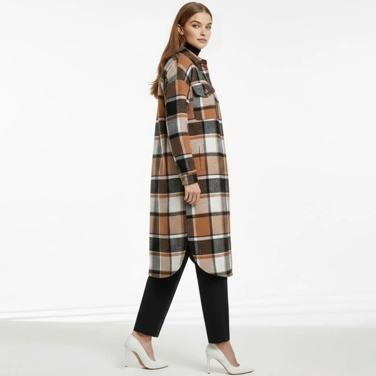 Long Plaid Shacket Womens Oversized Wool Blend Shirt Jacket Coat Khaki ...