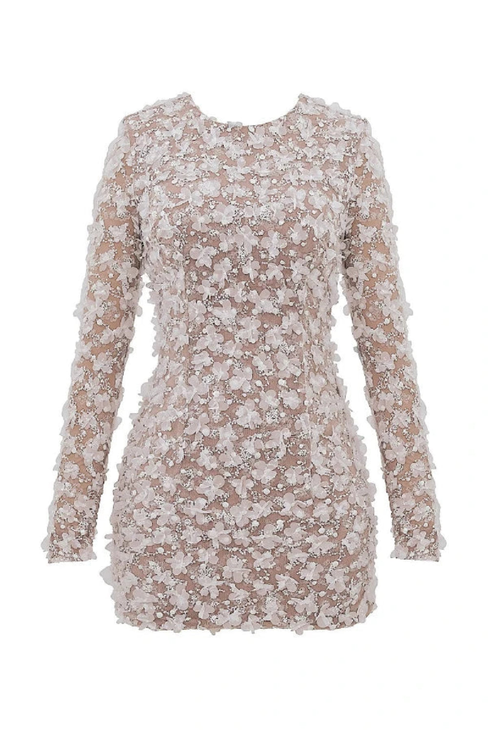 Model wearing Kouvr Fashion white 3D floral appliqué open back mini dress