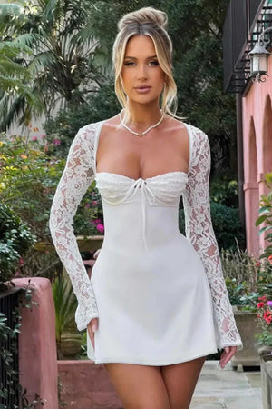 White Lace Corset Mini Dress Long Sleeve Square Neck Bridal Shower  Bachelorette Party Dress A-Line Satin Tie Front Romantic Dress by Kouvr  Fashion