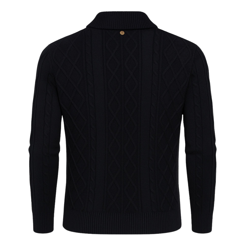 Black kouvr  cable knit sweater on a white background