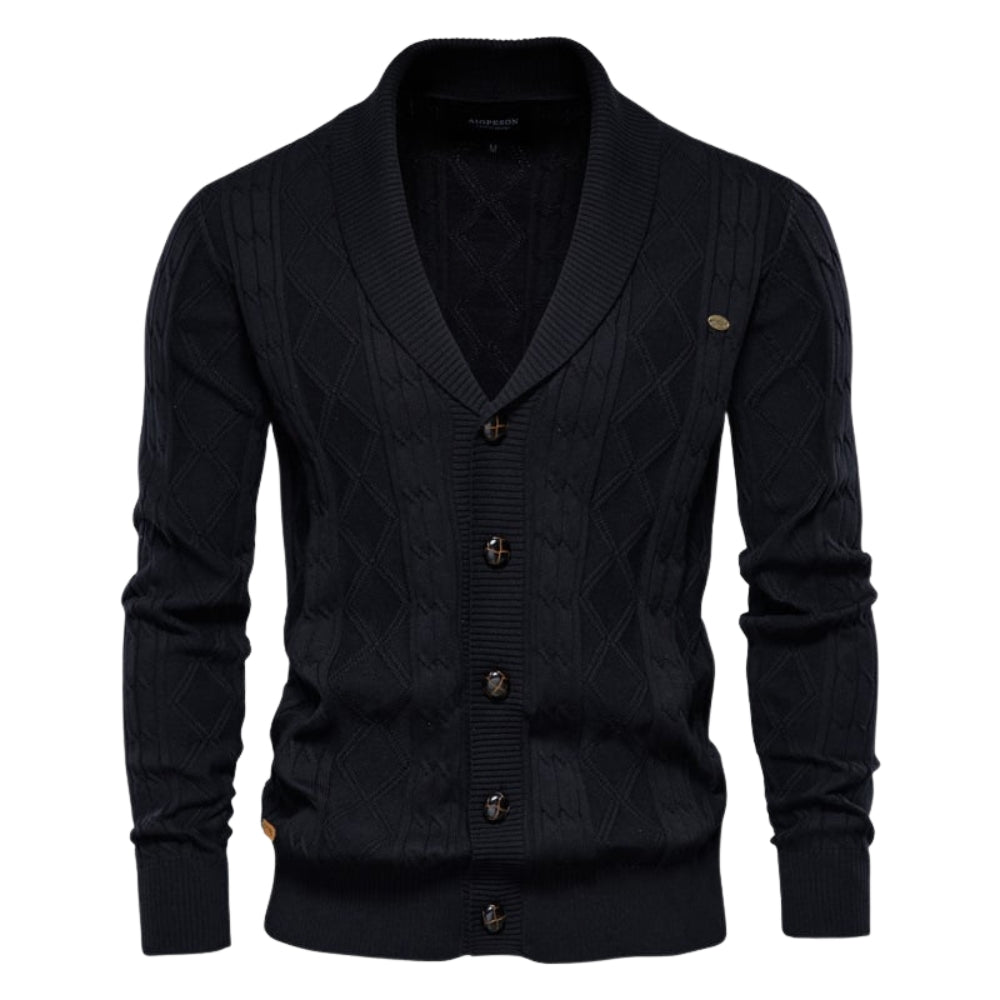 Black kouvr  cardigan with buttons on a white background