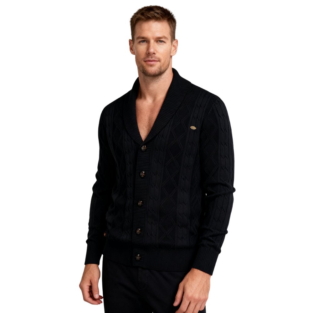 Man wearing a black kouvr cardigan on a white background