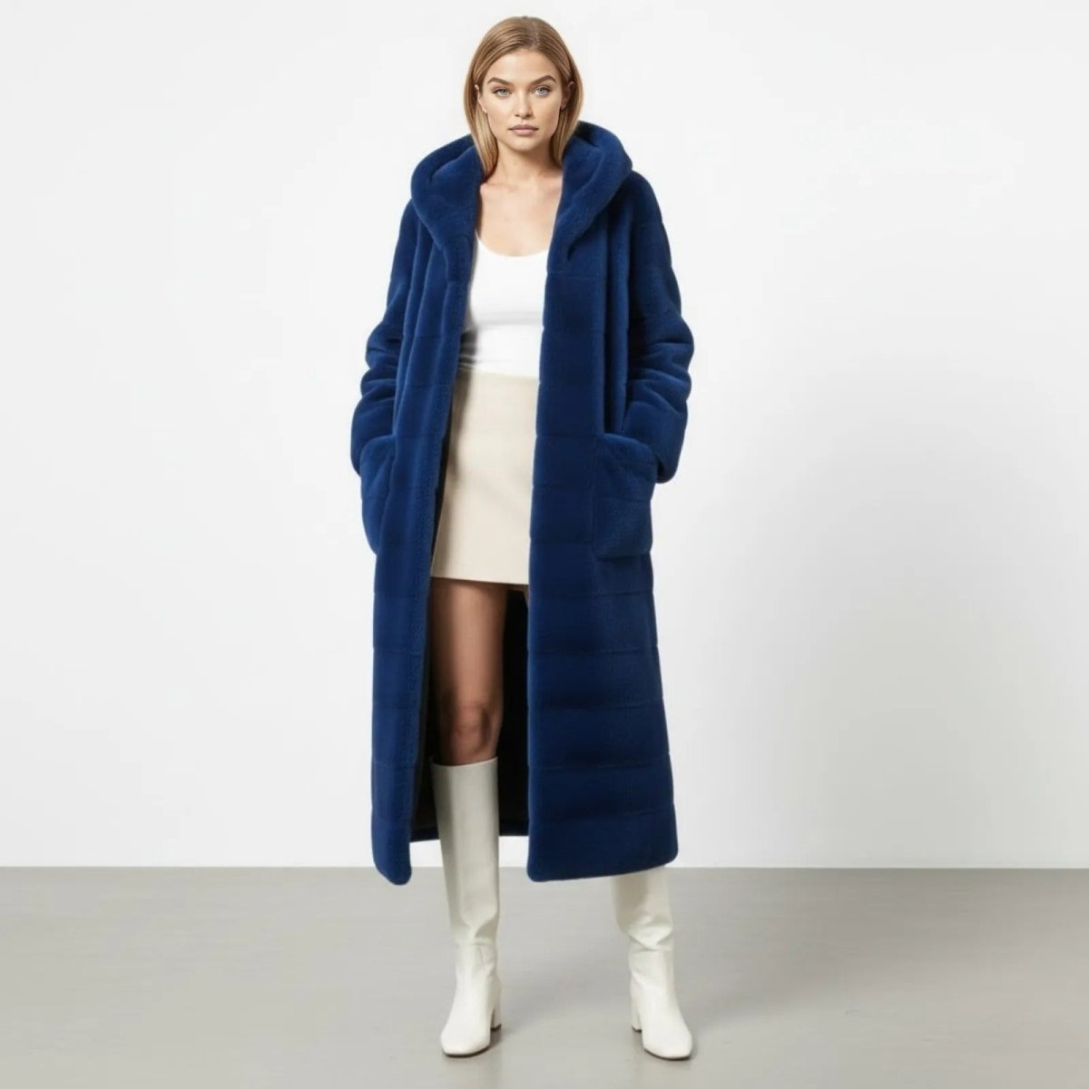 Model wearing the Luisa royal blue long hooded faux fur coat from Kouvr Fashion, shown from the front with hands in pockets.