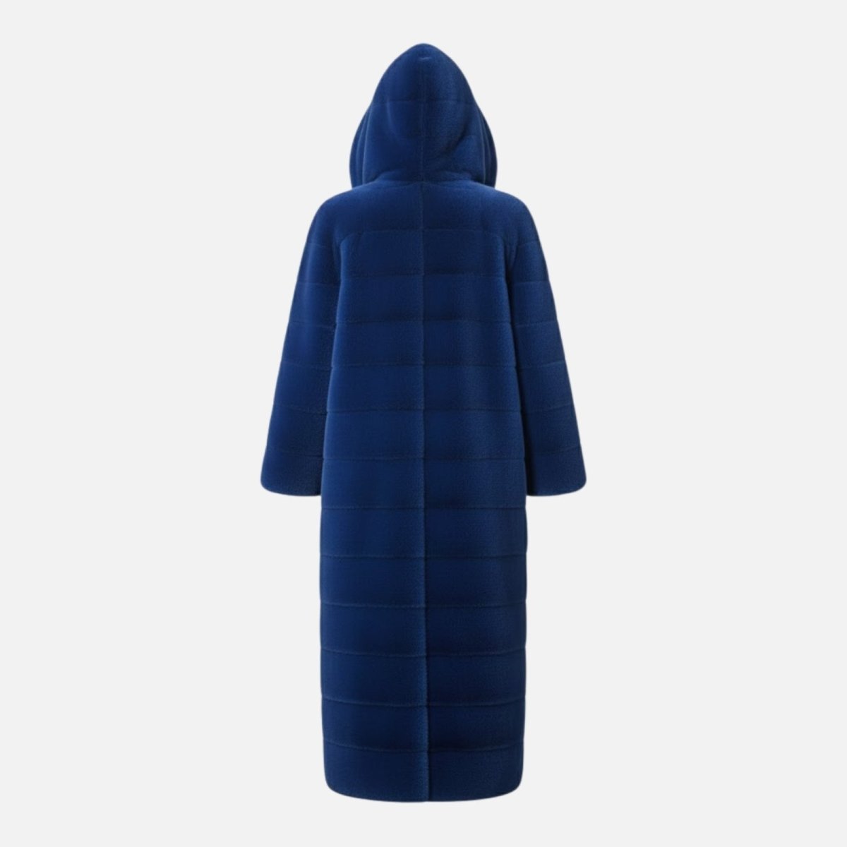 Product-only image of the back of the Luisa royal blue hooded faux fur coat, highlighting the horizontal panel details.