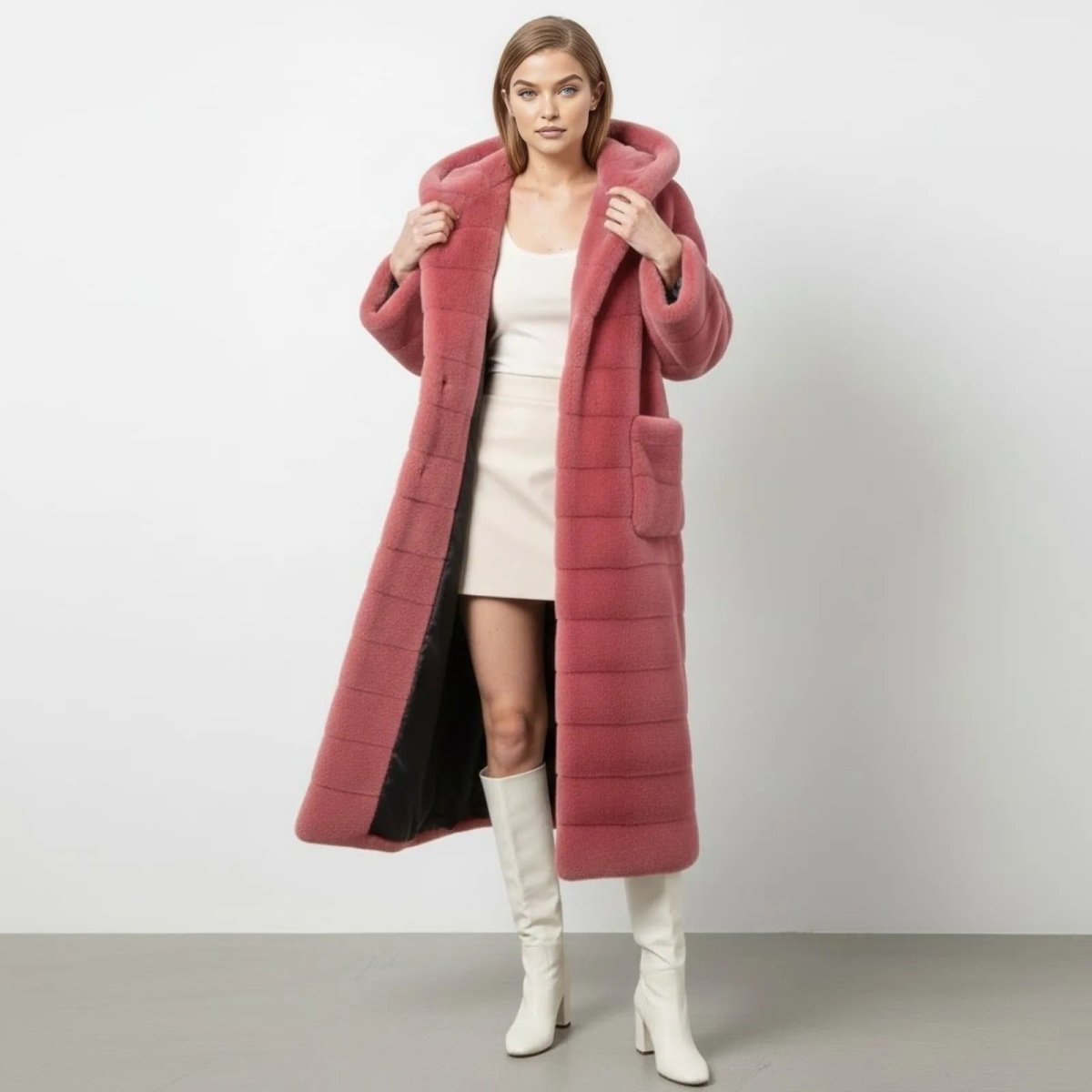 Model wearing the Luisa pink hooded maxi faux fur coat from Kouvr Fashion, front view showing full length and patch pockets.