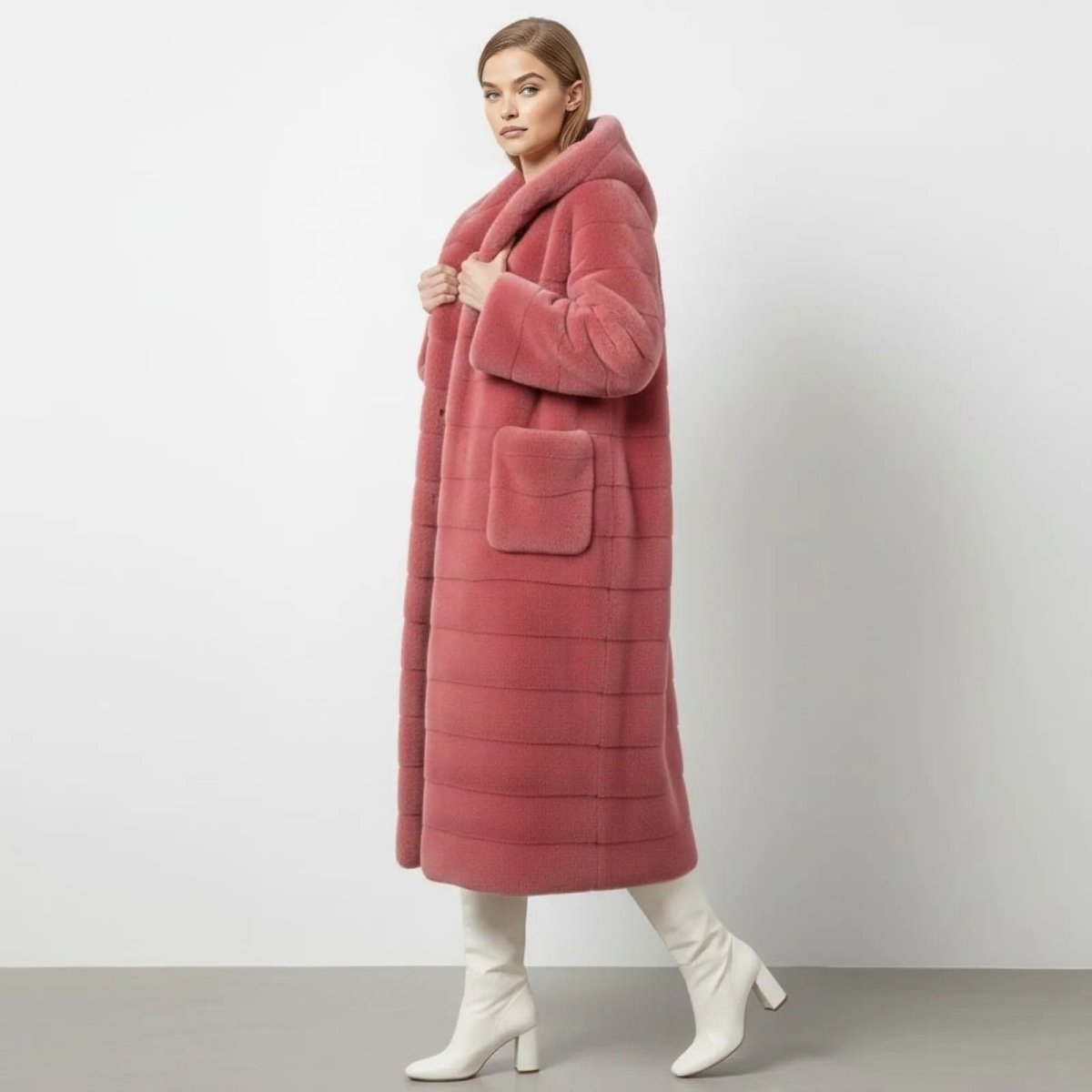 Model in a side profile wearing the long pink hooded faux fur coat, showcasing its oversized fit and texture.
