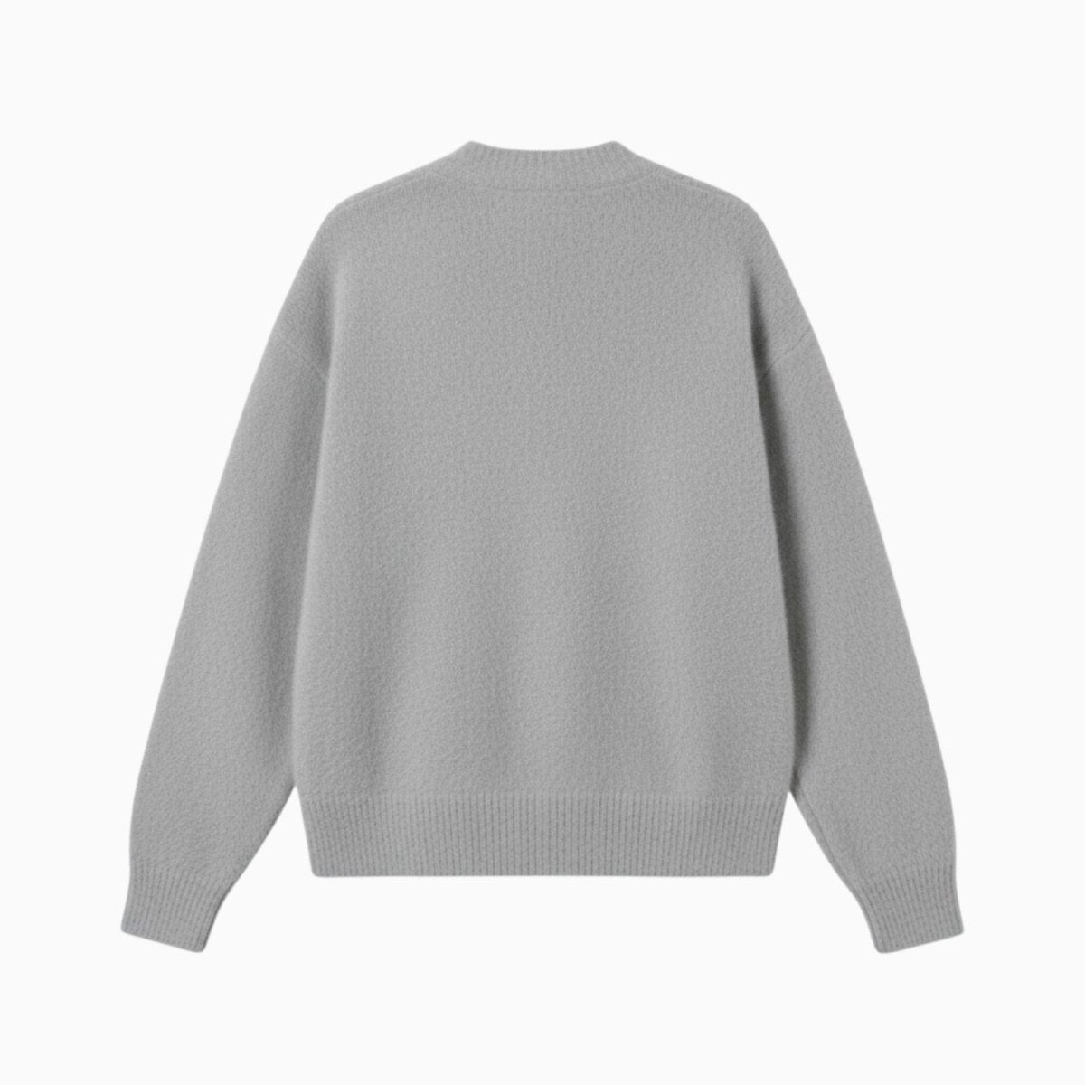 Flatlay showing the back of the Kouvr Fashion heather grey alpaca blend v-neck cardigan.