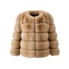 Front product shot of a collarless, short, camel faux fur jacket with horizontal panels on a white background.