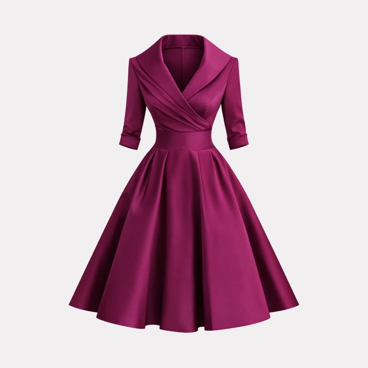 Product-only shot of the Kouvr Fashion magenta midi dress with a wrap-style bodice and shawl collar on a white background.