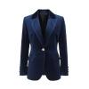 Product shot of the Kouvr Fashion Maribel blue velvet blazer, showing the single gold button closure and satin lapel details.