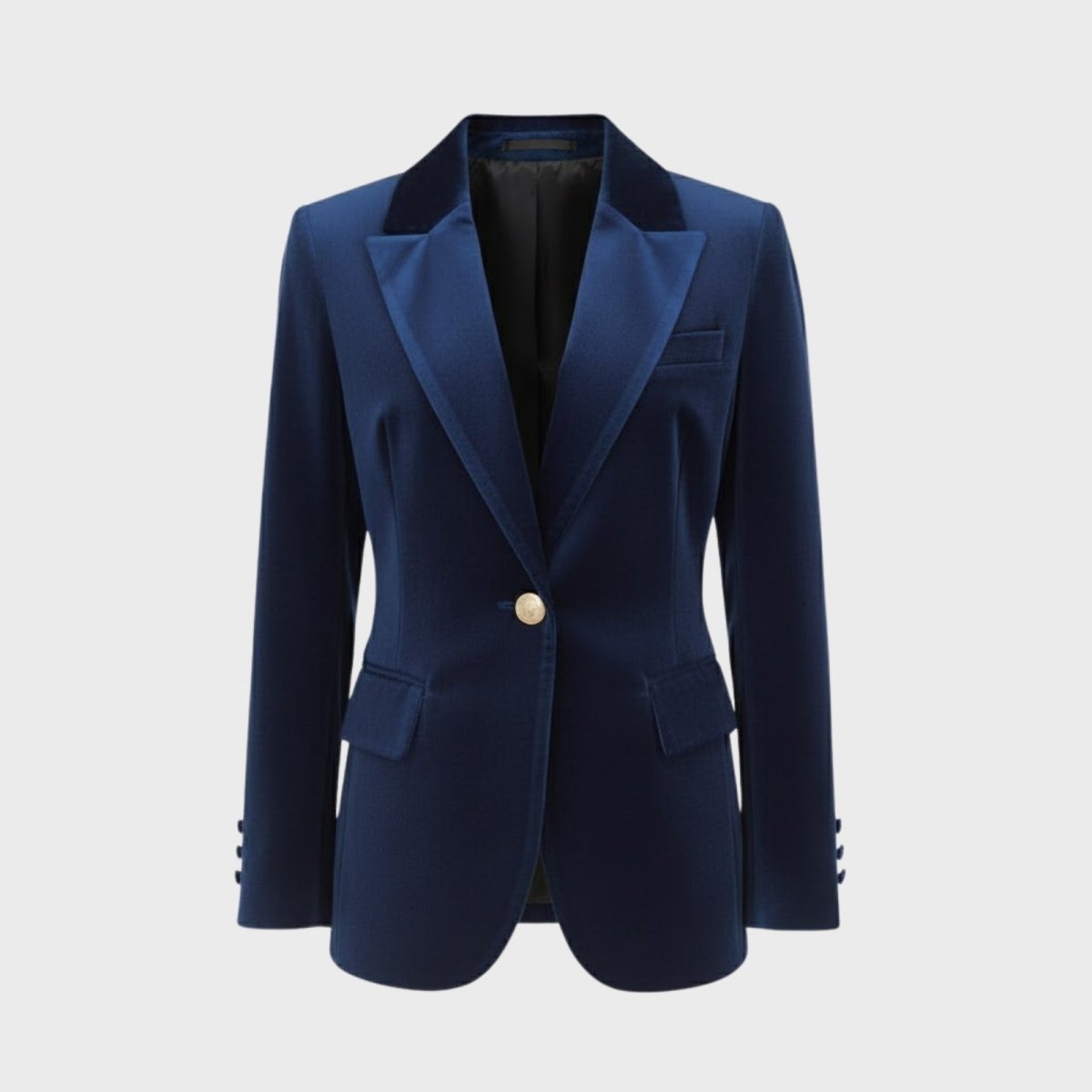 Product shot of the Kouvr Fashion Maribel blue velvet blazer, showing the single gold button closure and satin lapel details.