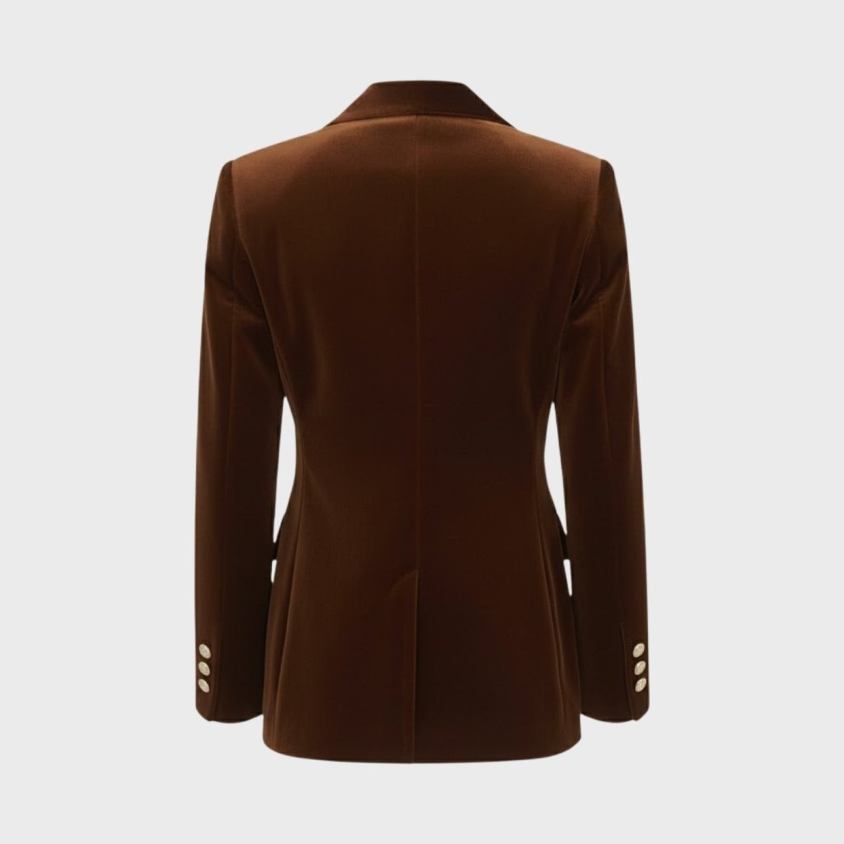 Flatlay back view of the Kouvr Fashion Maribel brown velvet blazer, displaying the clean lines and expert tailoring.
