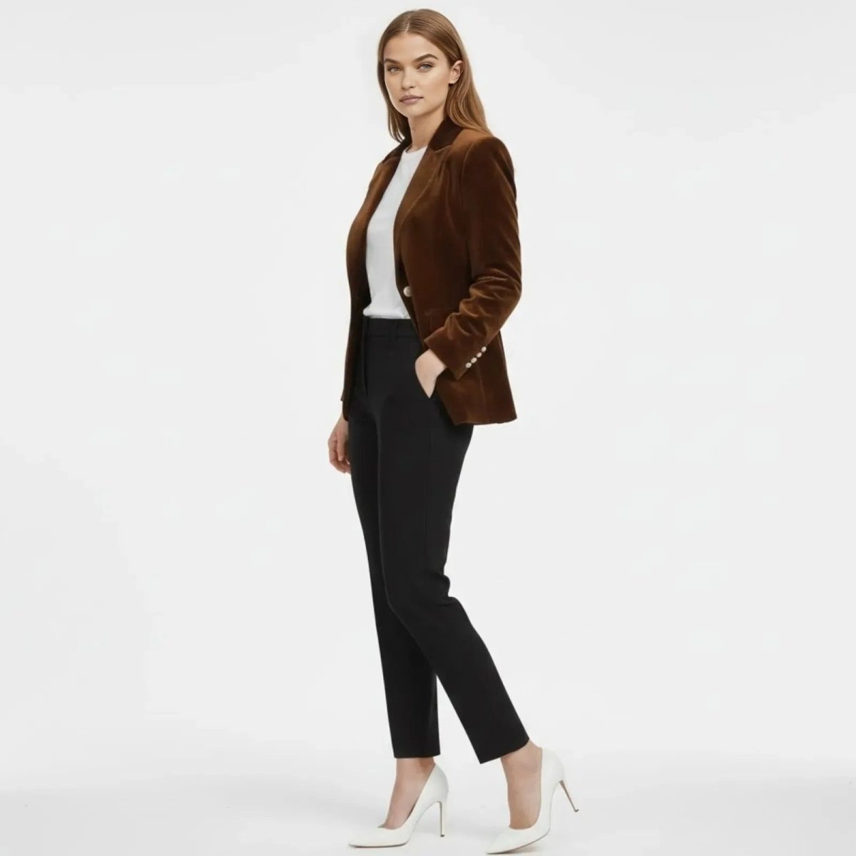 Side profile view of a model in the Kouvr Fashion Maribel brown velvet blazer, showing the tailored fit and gold button cuff details.
