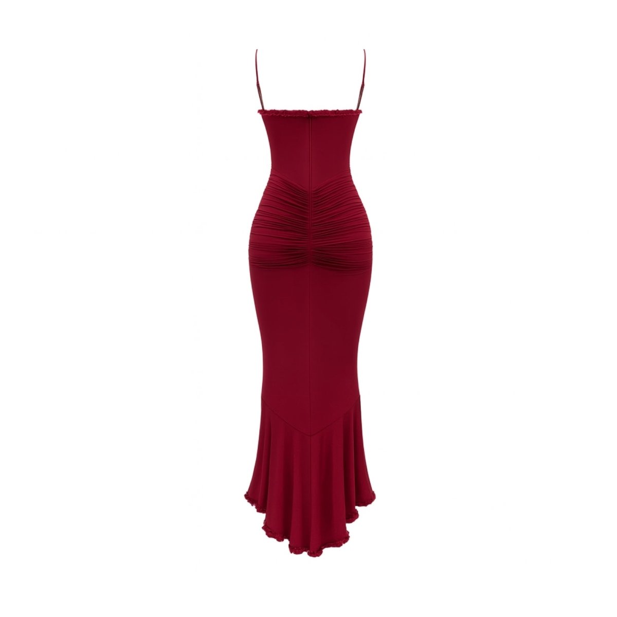Maroon kouvr dress with thin straps on a white background