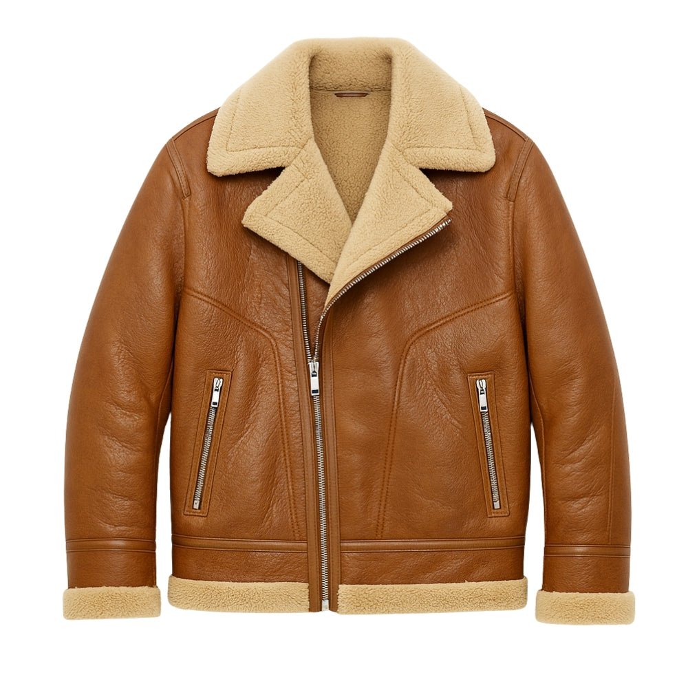 Brown Kouvr leather jacket with beige shearling collar and cuffs on a white background
