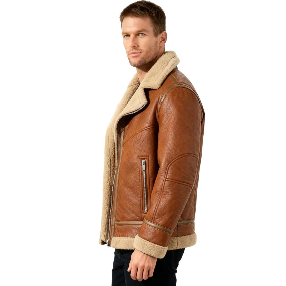 Man wearing a brown Kouvr leather jacket with sheepskin lining on a white background