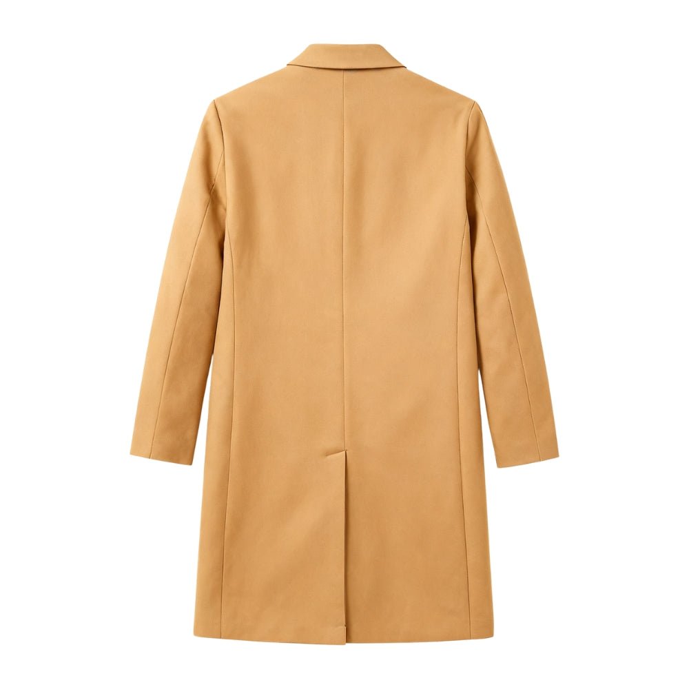 Tan Kouvr coat on a white background