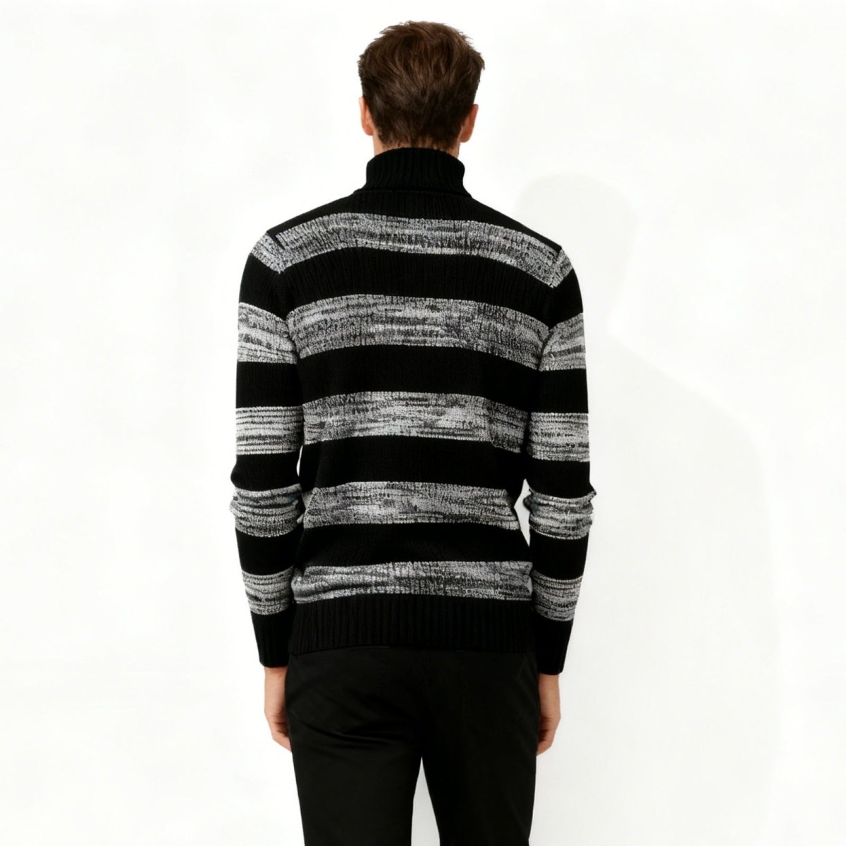 Back view of the men's striped high neck pullover from Kouvr Fashion showing the knit pattern.
