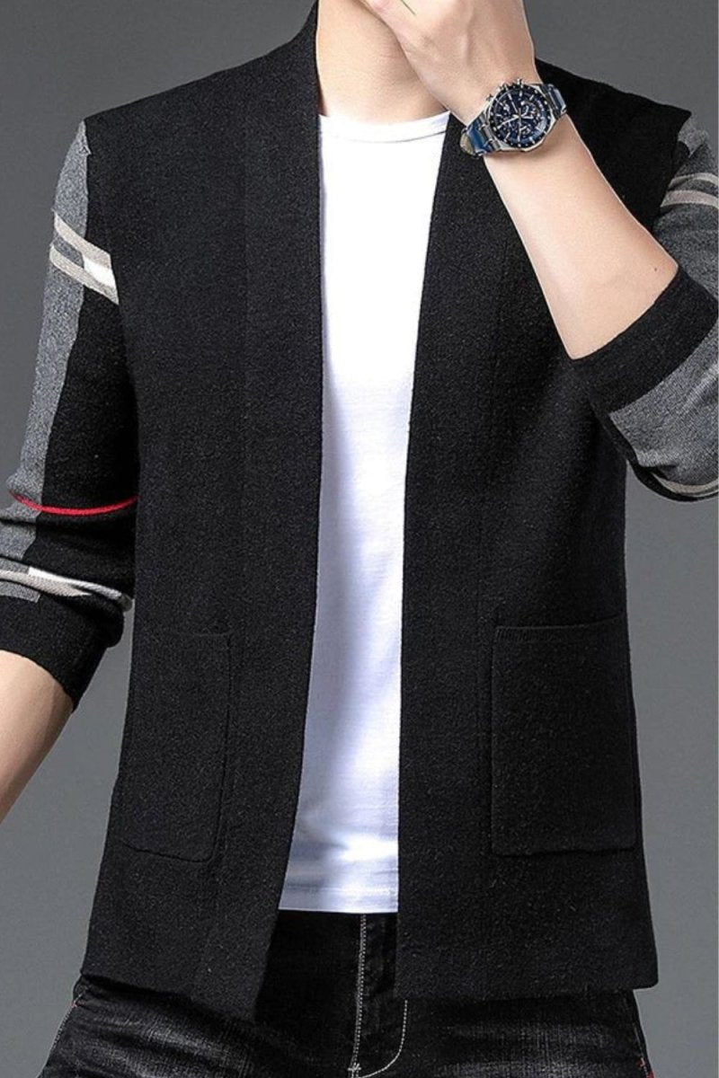 Kouvr Men's Luxury Black Shawl Collar Cardigan with Grey Color Block Sleeves