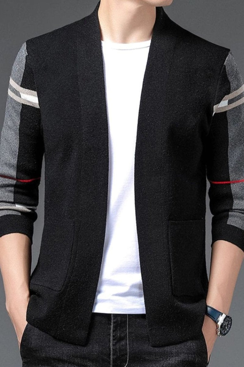 Kouvr Men's Luxury Black Shawl Collar Cardigan with Grey Color Block Sleeves