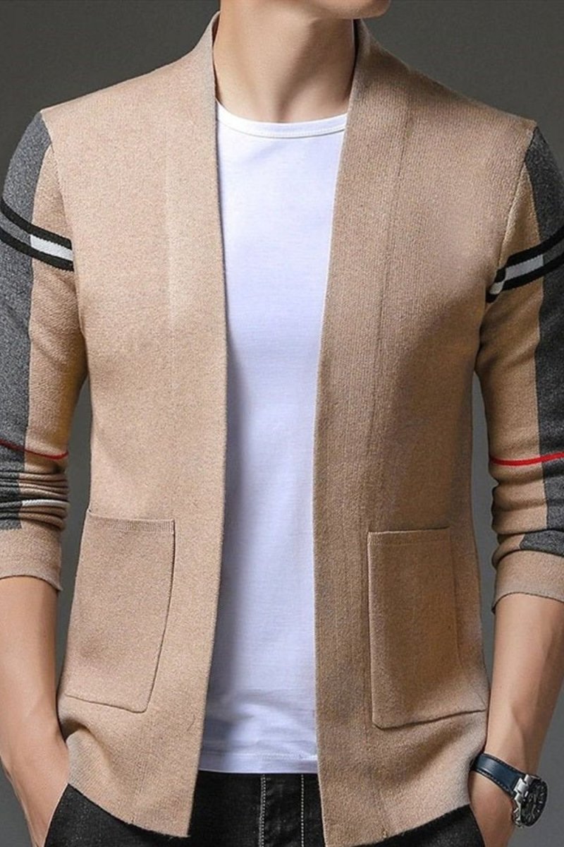Model wearing Kouvr Fashion Men's Slim Fit Brown and Grey Open Front Cardigan