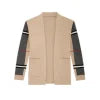 Model wearing Kouvr Fashion Men's Slim Fit Brown and Grey Open Front Cardigan