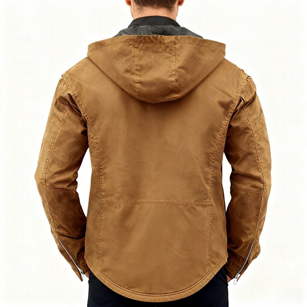 Front view of men's brown hooded canvas utility jacket' and 'Detailed back view of the Kouvr Fashion winter workwear jacket with articulated seams
